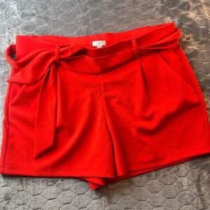 LOFT Red Tie Waist Paperbag Shorts Womens Large High Rise Pleated Stretch Casual